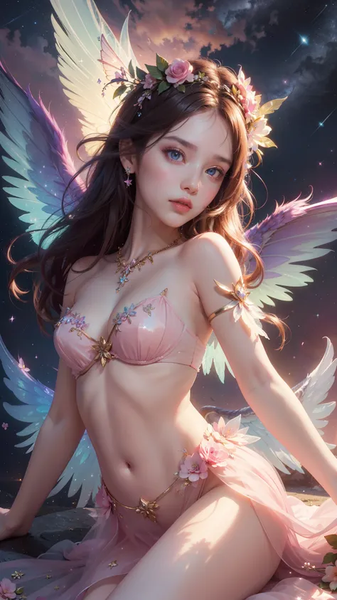 4k ultra hd, masterpiece, a girl, good face, detailed eyes, detailed lips, flower fairy girl, big wings, transparent wings, neon lights, magnificent background, pink dress, bare waist, flower crown, starry sky background, divine light, attractive pose,