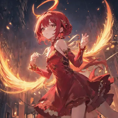 extremely delicate and beautiful girl, Longhaire, asymmetrical bangs, red hairs, bright skin,Succubus，Red dress,Devils Horn,demon tail，Moon Night