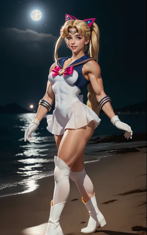 Dark Background, Seaside, night sky, super blue moon, (((Sailor Moon))), Tsukino Usagi, Serena Tsukino, Gentle and pretty face, smile, ((white translucent gloves)), ((white gloves up to elbow)), (a blond, Twin-tailed hair), ((a sailor suit, a miniskirt)), ...