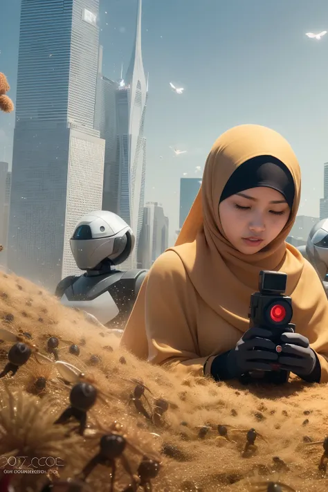 Photograph a Malay girl in hijab with a swarm of tiny robotic companions, illustrating the harmonious relationship between her and advanced technology