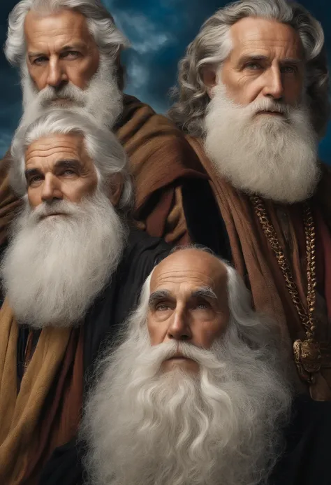 sideways face of 3 old men with large black and white threaded beards with features of surprising men biblical heroes, with clothes from the old testament of the bible, looking at the sky, super realistic, striking, with vibrant eyes