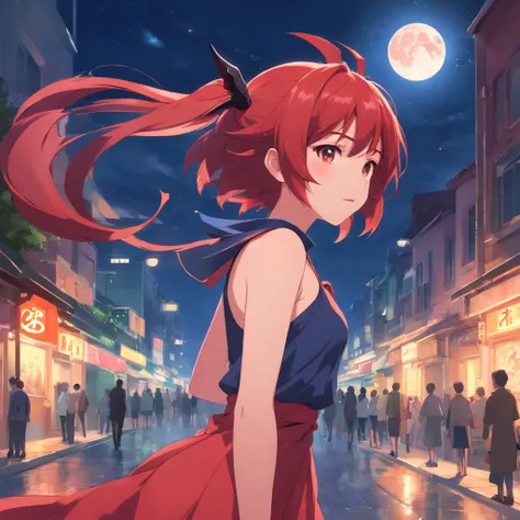 extremely delicate and beautiful girl, Longhaire, asymmetrical bangs, red hairs, bright skin,Succubus，Red dress,Devils Horn,demon tail，Moon Night