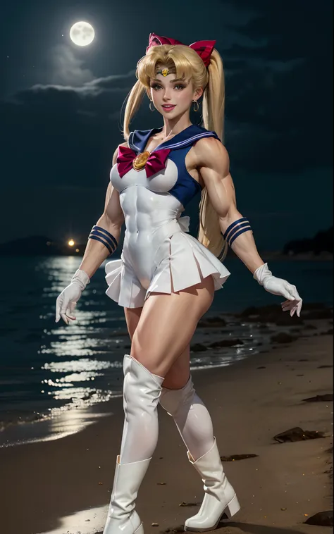 Dark background, seaside, nigh sky, Super Blue Moon, (((Sailor Moon))), Tsukino Usagi, Serena Tsukino, Gentle and pretty face, Smile, ((White translucent gloves)), ((White gloves up to the elbows)), (a blond, Twin-tailed hair), ((a sailor suit, a miniskirt...