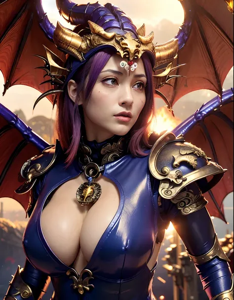 ((World of Darkness)),Professional , ​masterpiece、top-quality、photos realistic , depth of fields 、Beautiful Cyberpunk Woman Image,（Dragon Blue Metal Body:1.９),(Enamel purple、（cleavage of the breast）、Mystical expression、Dragon Gold Weapon、（Red Micro Bikini ...