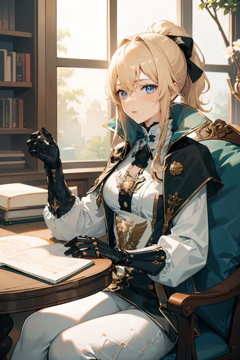 ((masterpiece,best quality)),(negative space:1.4),(1girl, solo:1.4),beautiful detailed eyes,floating blond ponytail hair, long white pants, sitting in big armchair an old library, books and papers on the table