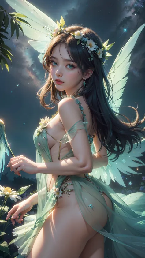 4k ultra hd, masterpiece, a girl, good face, detailed eyes, detailed lips, flower fairy girl, big wings, transparent wings, neon lights, magnificent background, green dress, bare waist, flower crown, starry sky background, divine light, attractive pose,