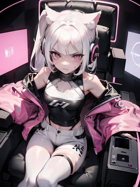 1girl, cat ears headset, white eye, long white hair, wearing pink tanktop, gaming chairs, bad girl, angry face, wearing hot pants, in the room, high res, ultrasharp, 8k, masterpiece, looking at viewer