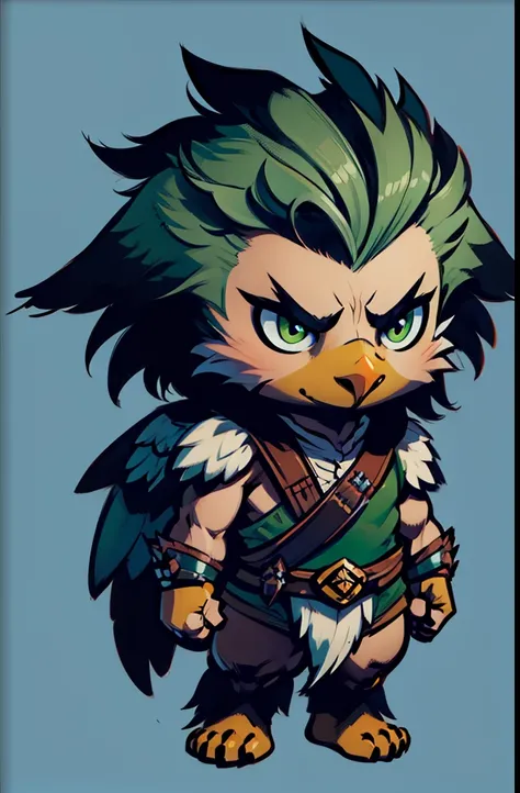 1young eagle,warrior, chibi, anthropomorphic, grey feather, big green eyes, simple dark background,