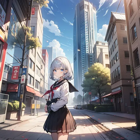 Around 18 years old, young anime man，Short yellow hair 1.5，Wearing a white school uniform and a girl with long white hair standing on the school playground（Half squinted 1.5）（The background is on the school playground：1.5），Anime style 4K，Anime rendering，st...