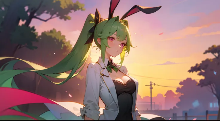 A detailed，photore， tmasterpiece， best qualtiy， the wallpaper，1girl， Green hair， a pink eyes， side ponytails， long whitr hair， Rabbit ears，big cleavage breasts， white  shirt， open clothes， Behind the arm， hair adornments， shift dresses， looking at viewert，...