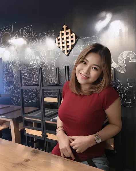 smiling woman in red shirt sitting at a table in a restaurant, standing in a restaurant, cindy avelino, joy ang, mid shot portra...