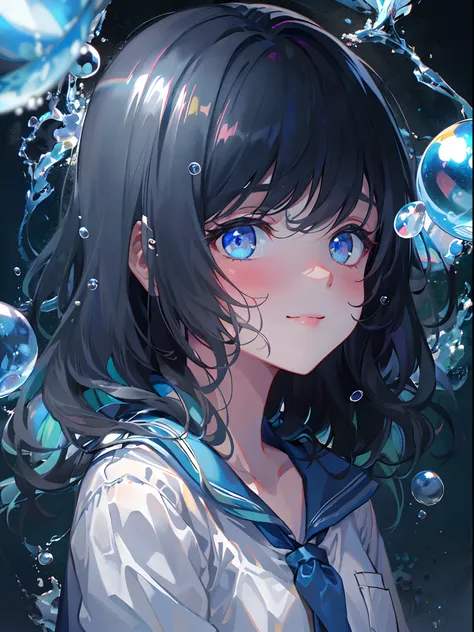 ((top-quality)), ((​masterpiece)), ((ultra-detailliert)), (extremely delicate and beautiful), girl with, 独奏, cold attitude,((Black jacket)),She is very(relax)with  the(Settled down)Looks,A dark-haired, depth of fields,evil smile,Bubble, under the water, Ai...