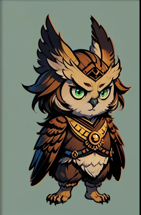 1young owl,warrior, chibi, anthropomorphic, grey or brown feather, big green eyes, simple dark background,