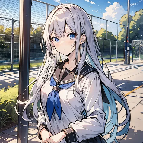 Anime girl around 18 years old，Long white hair 1.5，Wearing a white school uniform，Standing on the school playground with a shocked expression（The background is in the school playground：1.5），Anime style 4K，Anime rendering，style of anime，8K fineness，（Upper b...