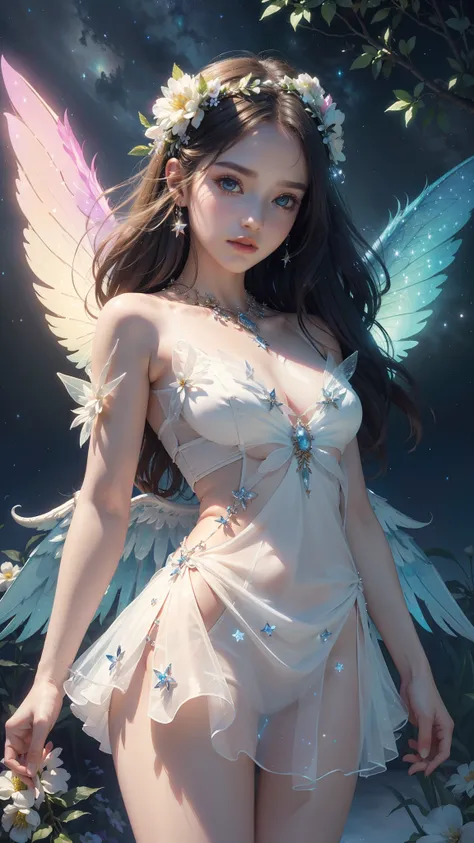 4k ultra hd, masterpiece, a girl, good face, detailed eyes, detailed lips, flower fairy girl, big wings, transparent wings, neon lights, magnificent background, white dress, bare waist, flower crown, starry sky background, divine light, attractive pose,