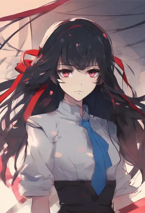 black hair, long hair, semi realism anime, shirt, blue eyes, red ribbon, 2d anime