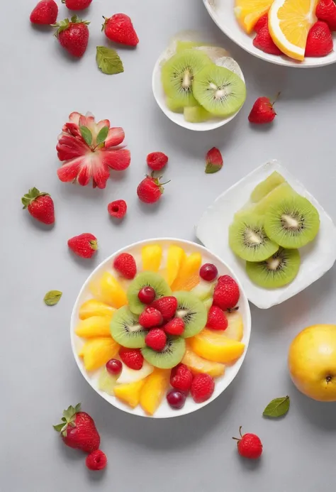 a delicious fruit salad, cinematic, professional photography, studio lighting, studio background, advertising photography, intricate details, hyper-detailed, ultra realistic, 8K UHD, organized,consistent image, 1 meter at cam