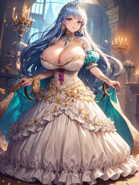 (masterpiece, best quality,extremely detailed:1.1),(moe anime art style:1.2),1girl,((full body)),((solo)), cute, kawaii,digital art,((1 bling-bling anime princess wearing beautiful embroidery and jeweled ruffled gorgeous princess ballgown with voluminous f...