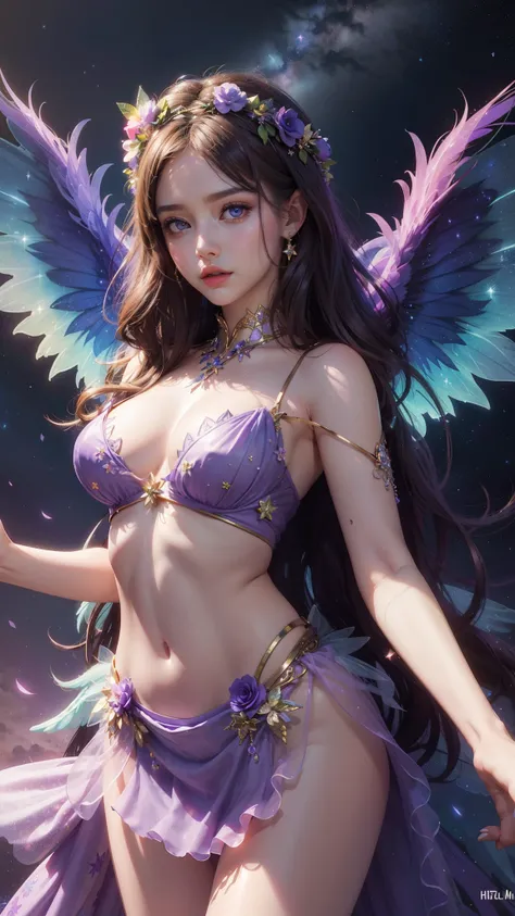 4k ultra hd, masterpiece, a girl, good face, detailed eyes, detailed lips, flower fairy girl, big wings, transparent wings, neon lights, magnificent background, purple dress, bare waist, flower crown, starry sky background, divine light, attractive pose,