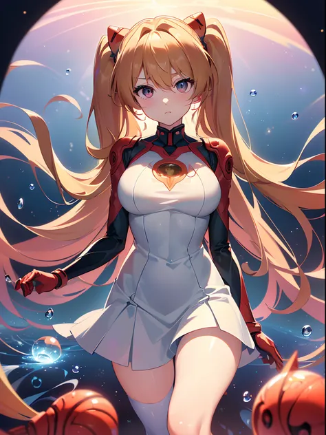 ((souryuu asuka langley,headgear,grey sundress,sexy thighs,golden hair,side twintails)),(Glowing eyes:1.233), diffuse reflection, high-profile, majestic,(outstretched hands,blushing,adorable face,cute face,vulnerable face,bishoujo,kawaii,)(Beautiful and de...