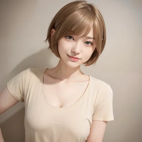 hightquality、8K、masuter piece　1 person woman、２8 talents、A slender、T-shirt Beautiful Girl(Hair colorbeige、Very Shorthair、Hair color is light brown、slender、Same as small breasts:1.2)、Plain clothes T-shirt:1.2、White wall background、hyperdetailed face、A detail...