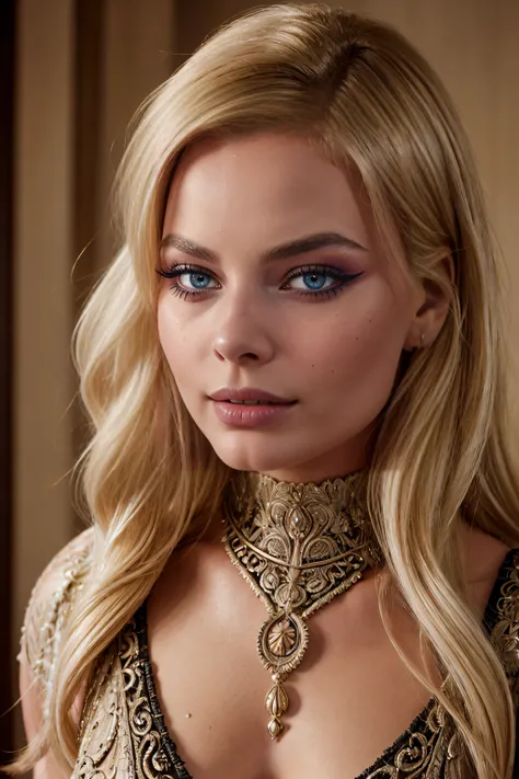 portrait of margot robbie, (((insanely detailed face))), (ornamental blonde hair), (seductive look)