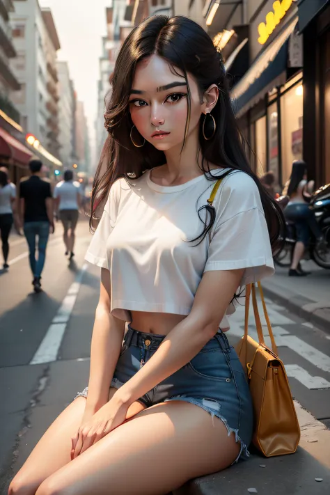 Top quality, masterpiece, ultra high definition, (Real: 1.4), Original photo, (Evening Street), 1 girl, black eyes, looking at the audience, long hair, light makeup, lips, small ears, white t-shirt, denim shorts, earrings, sitting Ferrari,, slim, neat, par...