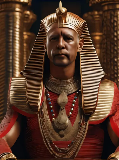 um homem de cocar dourado e camisa vermelha, CGSetivity UHD 4K altamente detalhado, pharaon, 8 k de alto detalhe e intrincado, pharaon, pharaoh clothes, cinematic close-up of bust, hiperreal altamente detalhado 8 k, 8k ultra detalhe, brown skin man egyptia...