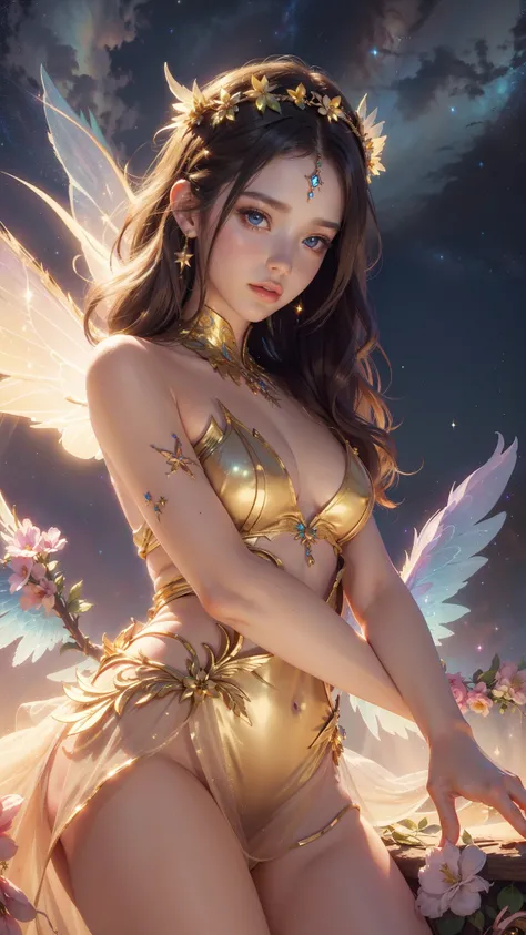 4k ultra hd, masterpiece, a girl, good face, detailed eyes, detailed lips, flower fairy girl, big wings, transparent wings, neon lights, magnificent background, golden dress, bare waist, flower crown, starry sky background, divine light, attractive pose,