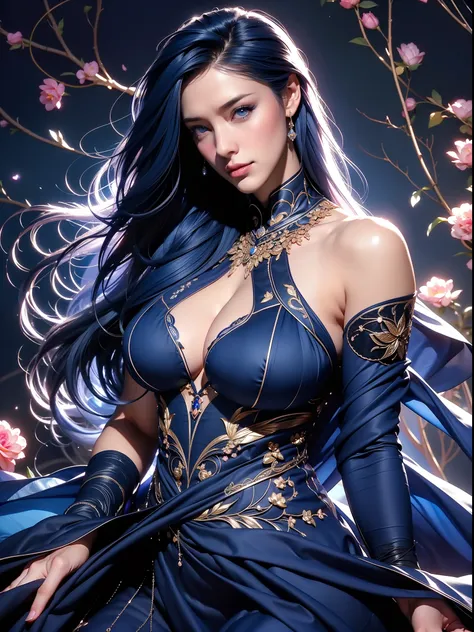 (close up),an woman with modern style posing for a photo in a beautiful room, (((dark blue hair color))),(colorful),(finely detailed beautiful eyes and detailed face, dark blue long hair), cinematic lighting,extremely detailed CG unity 8k wallpaper,((flyin...