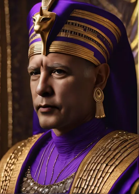 um homem com uma roupa roxa e dourada com uma coroa de ouro, pharaon, pharaon, vestido como imperador, wearing an egyptian crown, Deus Imperador de Duna, pharaoh clothes, Hiper-realista Jeff Goldblum, brown skin man egyptian prince, photo of ghost of anubi...