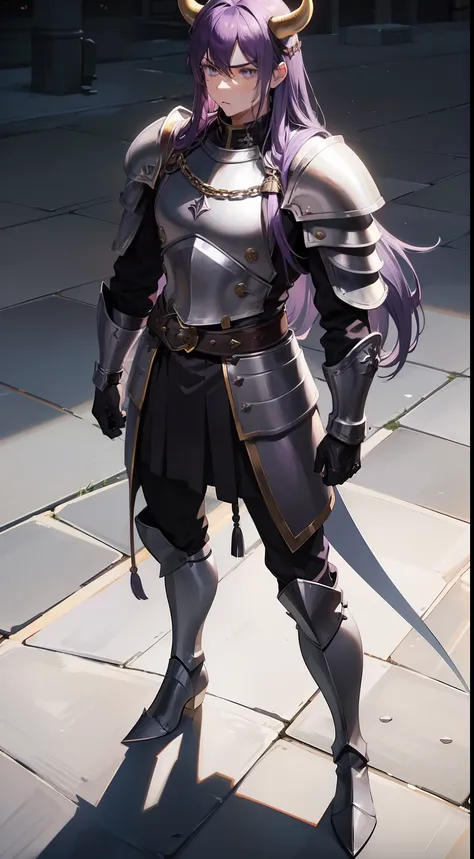 1man,((male)),30s,cow horns,solo,muscle.,purple hair,long hair, templar golden knight outfit, gray long chainmail skirt, head armor,face armor,serious face,black long boots, road,night