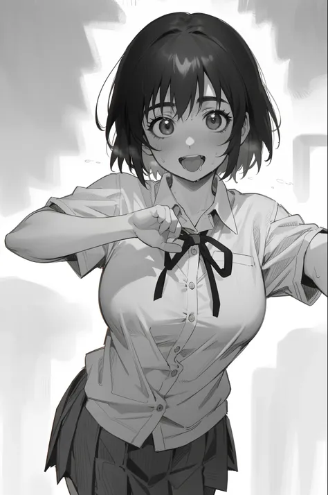 masterpiece, 1 cute schoolgirl, solo,  pov, ayase fuuka, school uniform, blouse, pleated skirt, ribbon, mini skirt, front view, bust shot, dynamic pose, cowboy shot, (nsfw), laughing, greyscale, monochrome, halftone, drawing, manga, otoyomegatari, face foc...