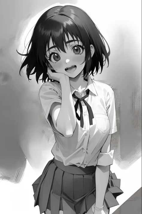 masterpiece, 1 cute schoolgirl, solo,  pov, ayase fuuka, school uniform, blouse, pleated skirt, ribbon, mini skirt, front view, bust shot, dynamic pose, cowboy shot, (nsfw), laughing, greyscale, monochrome, halftone, drawing, manga, otoyomegatari, face foc...