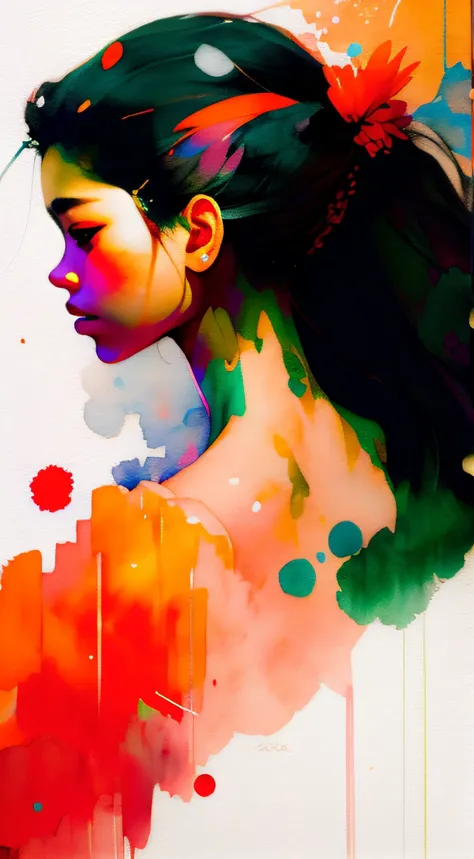 Wtrcolor style，（himawari）Digital art，offcial art，teens girl，head portrait，Beautiful，Bright，big breasts beautiful，tmasterpiece，（（aquarelle）），Ink spots splashed everywhere，Complicated details。The is very detailed，[Dripping:0.7]，Trends on ArtStation，Rachel Wa...