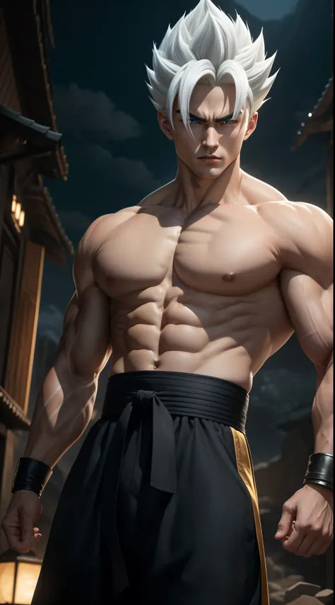 A true masterpiece of masculine beauty. gohan, super sayagin 5, 20 years old, Wears a martial arts outfit and fights in a haunted and abandoned city, solo. Moonlight accentuates muscles just right. The landscape is lush and mysterious, with a dark city. Th...