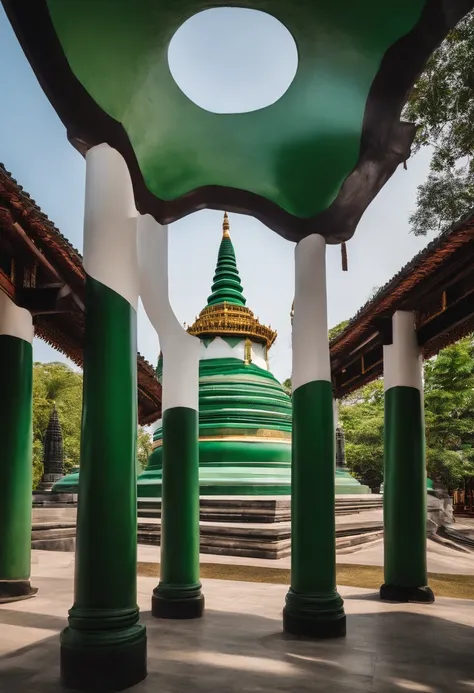 a green circle with a white and black drawing of a building, pagoda, a temple, buddhist, temple background, myanmar, cambodia, buddhist architecture, large temples, temple, south east asian with round face, bangkok, avatar for website, buddhist temple, tha...