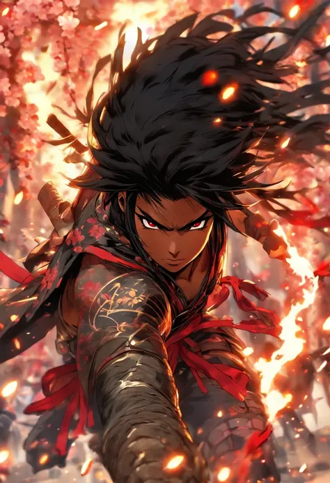 The most beautiful and sexy ninja warrior princess, long black hair, red eyes, dark skin, beautiful and highly detailed battle armor, tattoos and piercings, blood splattered, cherry blossoms blowing in the wind , sengoku period, perfect masterpiece, high q...