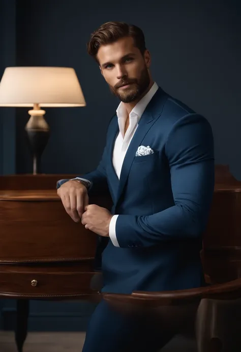 (Homem com roupa elegante), ), (usando barba longa e cheia,) (olhos azuis) (retrato) Attractive and serious look, Cabelos castanhos escuros, Elegante e elegante, e camiseta de corpo forte, Homem parecido com o ator Jamie Dornan, (imagem realista e de alta ...