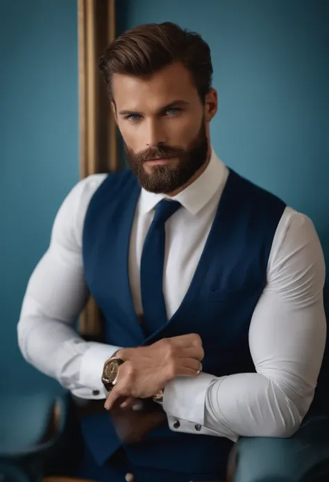 (Homem com roupa elegante), ), (usando barba longa e cheia,) (olhos azuis) (retrato) Attractive and serious look, Cabelos castanhos escuros, Elegante e elegante, e camiseta de corpo forte, Homem parecido com o ator Jamie Dornan, (imagem realista e de alta ...