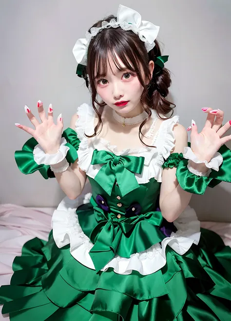 Woman in green satin dress posing for photo, angelic pretty, Belle Delphine, fairycore, kawaii decora rainbowcore, portrait of the magical Lolita girl, Lolita style, y 2 k cutecore clowncore, cutecore, Lolita Fashion, by Ayami Kojima, kinomoto sakura, Sati...