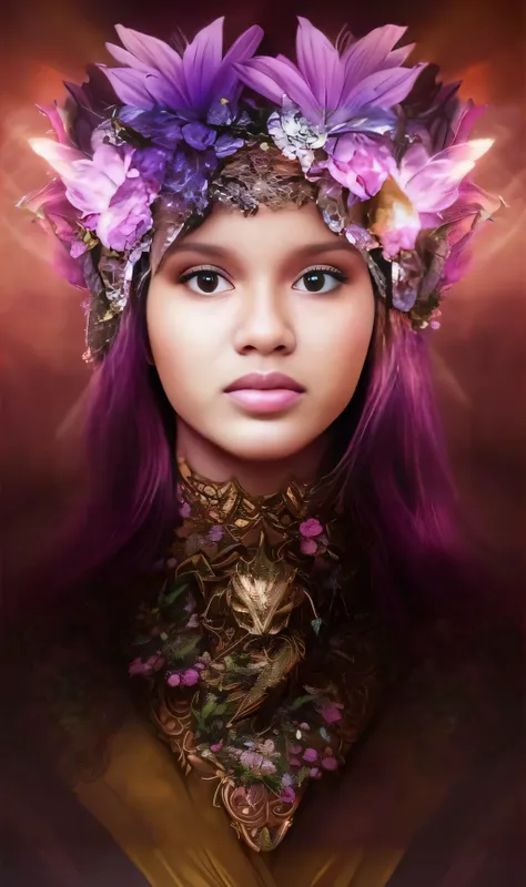 a woman with purple hair and a wreath on her head, retrato da fantasia, retrato bonito da fantasia, retrato da arte da fantasia, retrato de fantasia digital, lotus floral crown girl, retrato bonito da arte da fantasia, retrato de fantasia fosco detalhado, ...