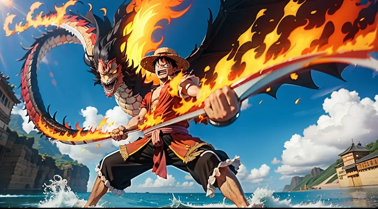 A grand spectacle，Four Emperors Kaido Fire Dragon Form Duel Straw Hat Luffy Black Giant Fist，真实感，Masterpiece quality，best qualtiy，super wide shot