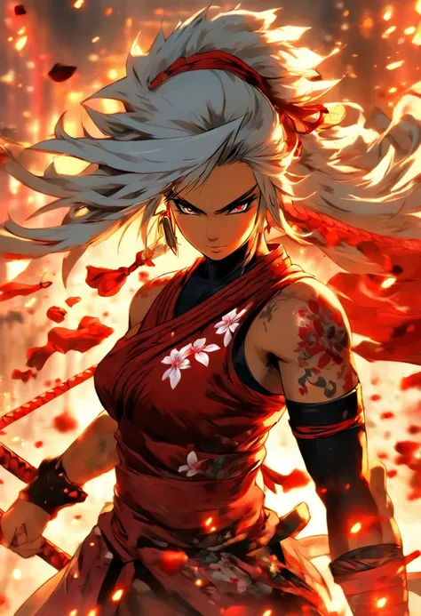 The most beautiful and sexy ninja warrior princess, long white hair, red eyes, dark skin, beautiful and highly detailed battle armor, tattoos and piercings, blood splattered, cherry blossoms blowing in the wind , sengoku period, perfect masterpiece, high q...