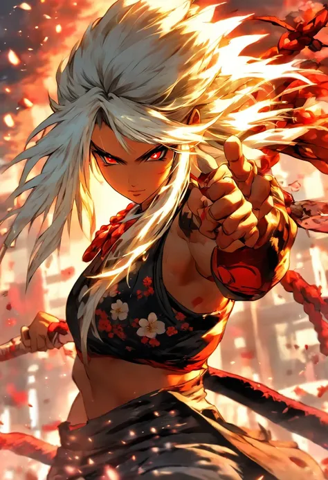 The most beautiful and sexy ninja warrior princess, long white hair, red eyes, dark skin, beautiful and highly detailed battle armor, tattoos and piercings, blood splattered, cherry blossoms blowing in the wind , sengoku period, perfect masterpiece, high q...