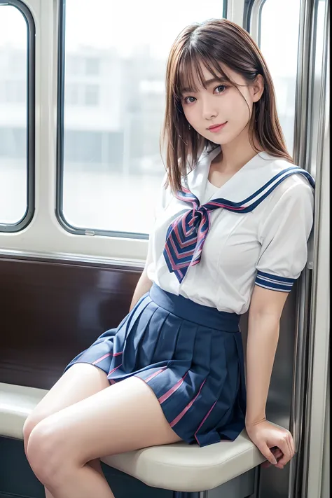 top-quality,ultra-detailliert,​masterpiece,realisitic,Photo Real,Bright lighting,1 girl in, an extremely beautiful 17-year-old girl, (kawaii:1.2),Thin smile, (Brown eyes),(brown haired),(bangss),perfect glossy skin,flawless skin,((erotick,Sexy and sexually...