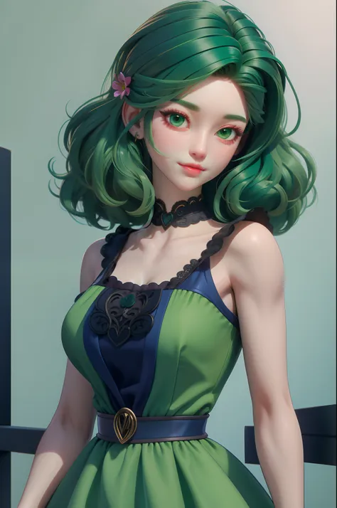 3dmm style, (masterpiece, best quality), intricate details, 1girl, solo, green hair, flower hair clip, green dress, looking at v...