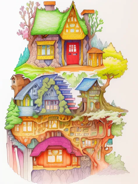 a drawing of a house with a tree on top of it, colourful!! highly detailed, enchanted forest tower, full color drawing, colorfull illustration, very detailed and colorful, colorful illustration, colored-pen drawing, colored drawing, colored sketch, fantasy...