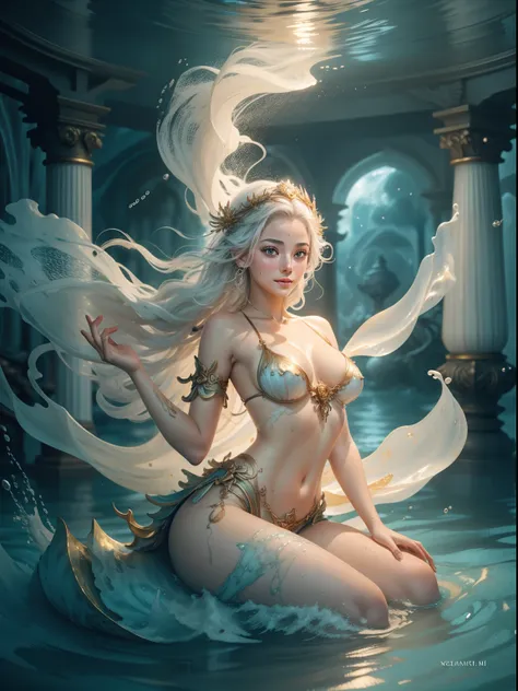 ((beautiful goddess sitting on the waves of the sea)),  
((transparent vikini that shows the vagina)), masterpiece), best quality, expressive eyes, perfect face, long hair fused into multicolored sea waves, light lantern, lamp and antique clock,   fantasy,...