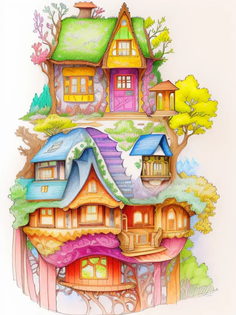 a drawing of a house with a tree on top of it, colourful!! highly detailed, enchanted forest tower, full color drawing, colorfull illustration, very detailed and colorful, colorful illustration, colored-pen drawing, colored drawing, colored sketch, fantasy...